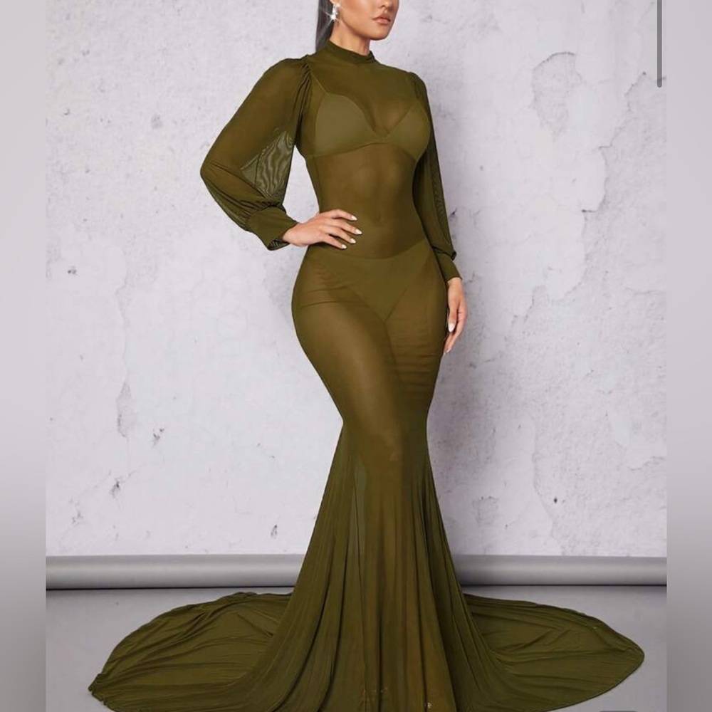 SHEIN Lantern Sleeve Mermaid Mesh Gown